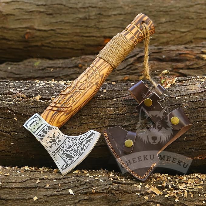 Custom Handmade Carbon Steel Real Viking Axe HatchetCamping Axe Birthday Gift for him Leather Wrapped Handle and Leather Sheath ((FM 22))
