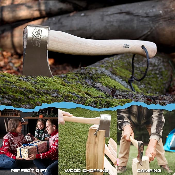 Prandi Yankee Hatchet 1.32lb Head - Hickory Handle 14.97in with Leather String - Ideal for Camping Travel and Bushcraft - Made in Italy