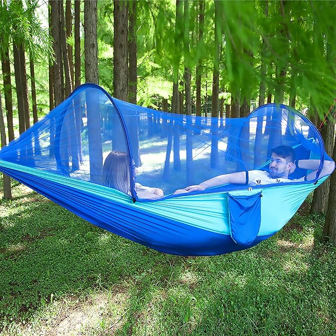 LFL Camping Hammock with Mosquito Net Hammocks with 13ft Tree Straps Carabiners Automatic Quick Open Outdoor Portable Hammock Nylon Parachute Material Outside Hammock with net Blue