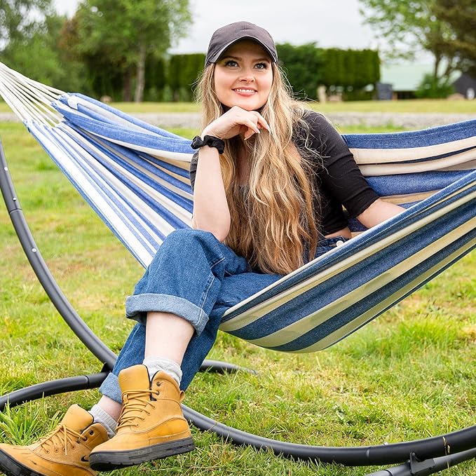 SUNCREAT Large Hammocks for Outside Long Replacement Hammock Two Person for Stand Blue White Stripes
