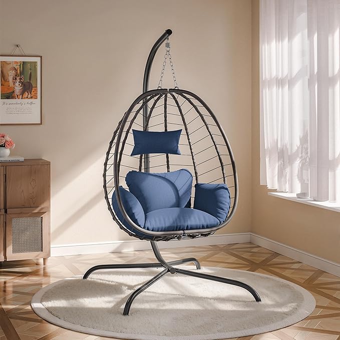 ALAULM Foldable Egg Chair with Stand 485LBS Capacity Wicker Rattan Hammock Swing Chair for Outdoor &amp Indoor Patio Hanging Chair with Strong Frame &amp UV Resistant Cushion for Balcony Bedroom