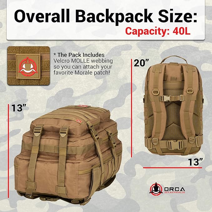 Orca Tactical Backpack 40L Large Military 1 to 3 Day Molle Assault Pack Rucksack Army Bag