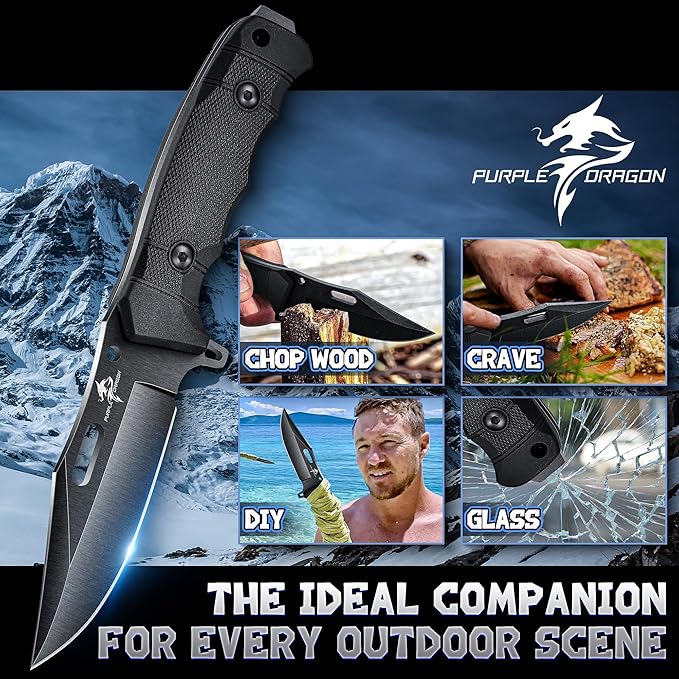 Purple Dragon Fixed Blade Knife with Kydex Sheath D2 Steel Survival Knives Black Camping Knife with Ergonomic G10 Handle Outdoor Knives for Men and Women