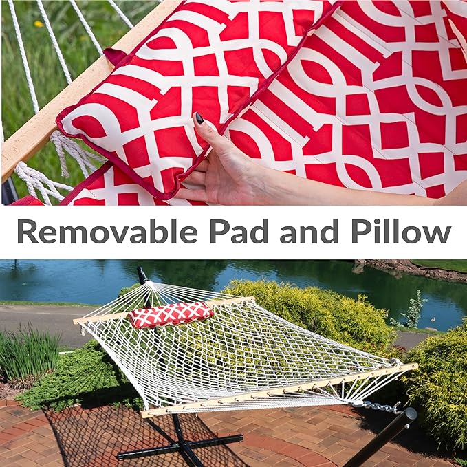 Sunnydaze Rope Hammock with Stand for Outside- 275-Pound Capacity - Includes 12-Foot Hammock Stand Spreader Bar Pad and Pillow - Royal Red