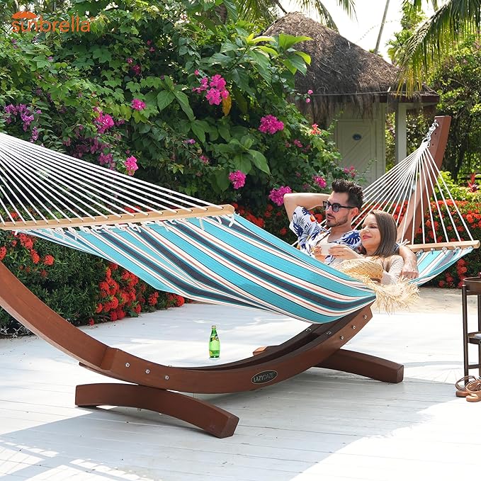 Lazy Daze Hammocks 12 FT Sunbrella Fabric Hammock not Fading with Spreader Bars and Free Pillow Fits for 2 Persons All Weather and Fade Resistant for Patio Yard 450 lbs Capacity Token Surfside
