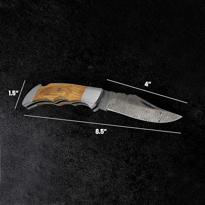 Handmade Damascus Steel EDC Knife Set: 8.5 Folding Knife w/Olivewood Handle Stainless Steel Accents &amp Handmade Leather Sheath