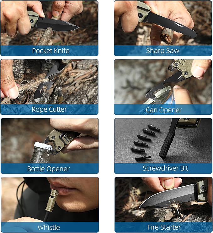 Multi Pocket Knife 22 in 1Survival Gear EDC Tools with Nylon Sheath Emergency Camping Hiking Hunting Gift for Men Women (Desert Gray)