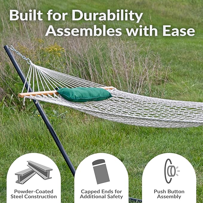 Sunnydaze Rope Hammock with Stand for Outside- 275-Pound Capacity - Includes 12-Foot Hammock Stand Spreader Bar Pad and Pillow - Green &amp White Stripe
