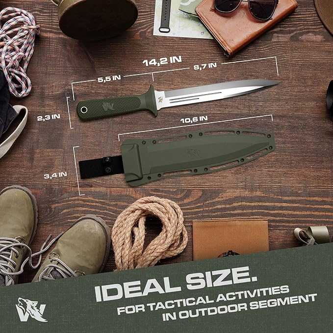 ODENWOLF W-Catcher Fixed Blade Knife with Sheath - Large Hunting-Knife made of D2 steel - Big Fixed Blade Knives with Non-Slip TPE Handle - Full Tang Survivalknife for Outdoor Activities