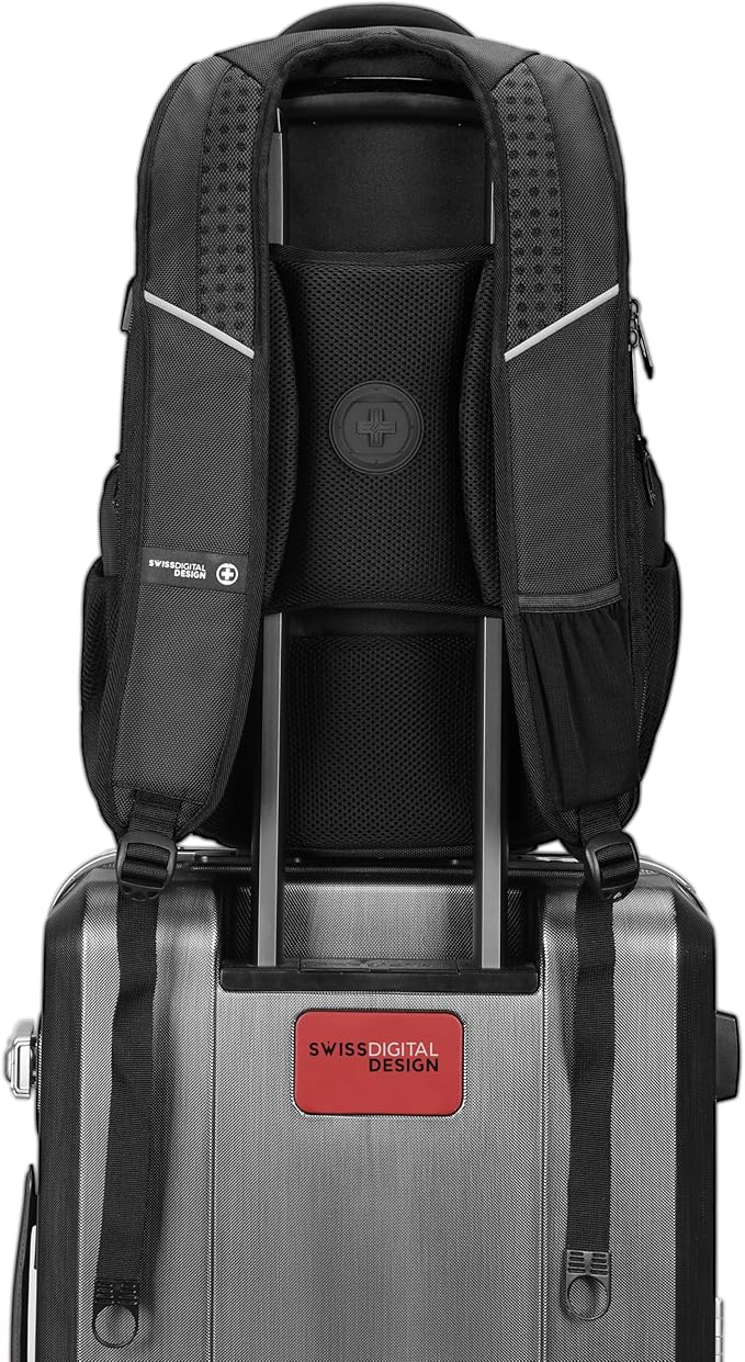 Swissdigital Design TSA Business Laptop Backpack for Men Large Capacity Travel Backpack with Apple Find My Network and USB Charging Port Tech Backpacks Fits 17 Inch Computer Black| SD1643FB-01