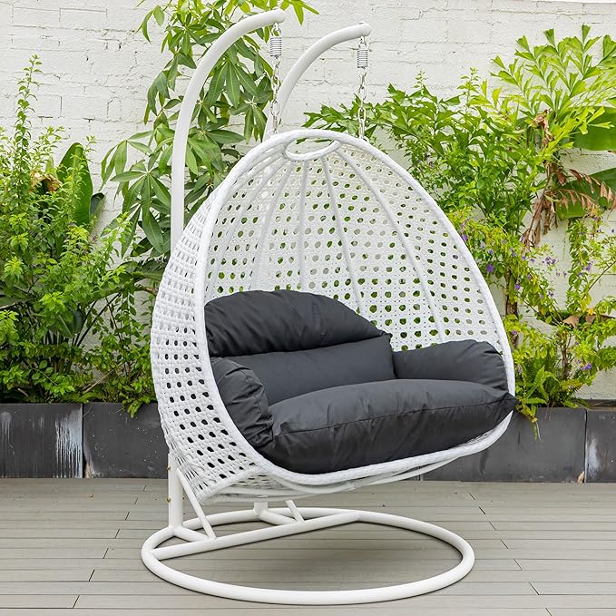 LeisureMod 2 Person Hanging Egg Chair Indoor Outdoor Patio Lounge Swing with White Stand &amp UV-Resistant Cushions Hammock Chair for Bedroom &amp Garden Black