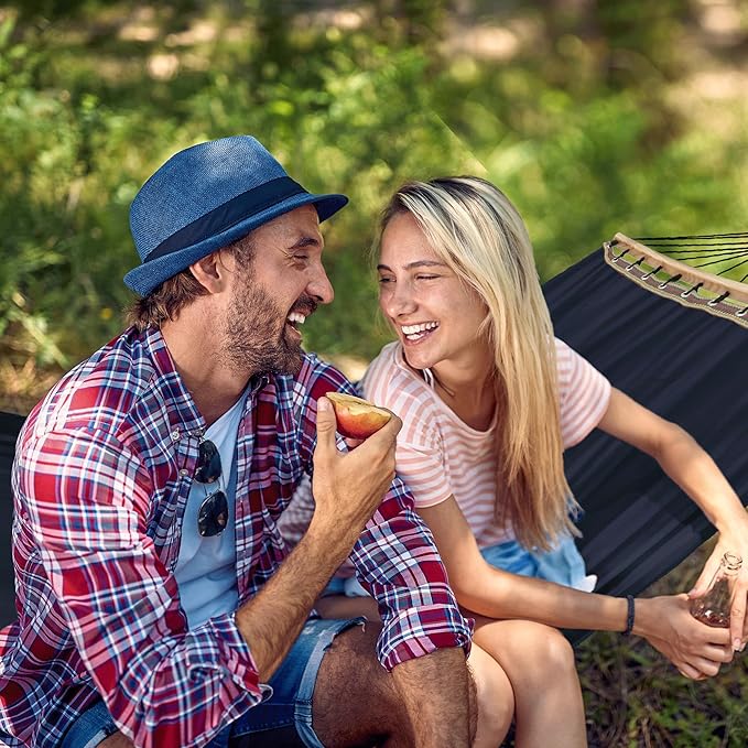 Tranquillo Double Hammock 2 Persons Cotton Canvas 600 lbs Portable Camping Hammock with Solid Curved Wood Spreader Bar Hammock for Camping Trave Outdoor Adventures Indoor Patio Garden Navy