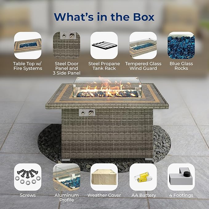 SereneLife Sturdy Wicker Base Propane Fire Pit Table with Tile Top Patio Heater &amp Propane Heater Sliding Door Stainless Steel Burner Tempered Glass Wind Guard 50000 BTU Weather Resistant