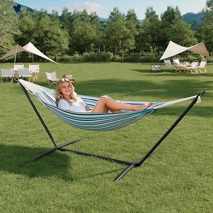 Double Cotton Hammock with Steel Stand for Outside Brazilian Style 450lbs Capacity Portable Indoor Outdoor Lounger with Carry Bag 2-Person Capacity Ideal for Backyard Garden Camping Ocean Blue