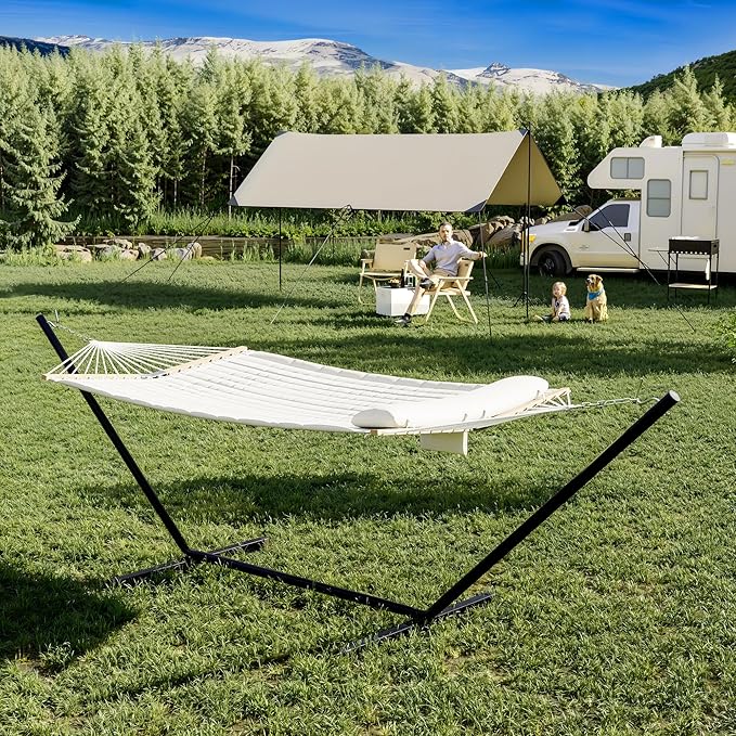 2 Person Hammock Set - Portable 500Lb Capacity for 2 Person w/Steel Frame V Spreader Bar &amp Carry Bag - Freestanding Indoor Outdoor Use (White)