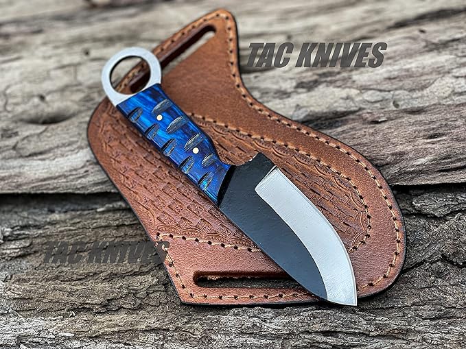 TAC KNIVES 7'' Full Tang Fixed Blade Outdoor Camping Hunting Knife In Sheath Gift For Him | 1095 High Carbon Steel Knife | SKINNER Gift | Cowboy knives | Pancake leather sheath (BLUE)