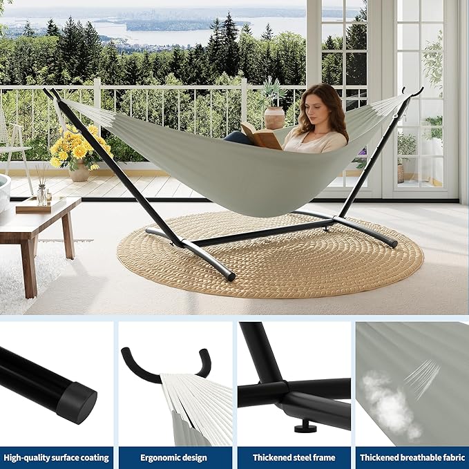 Double Hammocks with Stand for Outside Portable Space Saving Heavy-Duty Steel Stand for Indoor Outdoor Patio with Carrying Bag 450 lbs Capacity