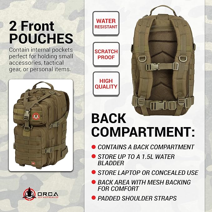 ORCA 34L Military Tactical Backpack – Heavy Duty Waterproof Rucksack for Camping Hiking &amp Survival 600D Polyester (OD Green)