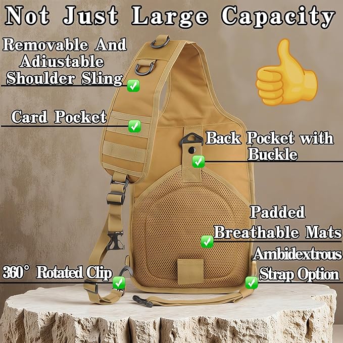 Tactical Sling Backpack with Molle System - Military Rover Shoulder Bag for EDC Outdoor Range &amp Daily Carry (Brown)