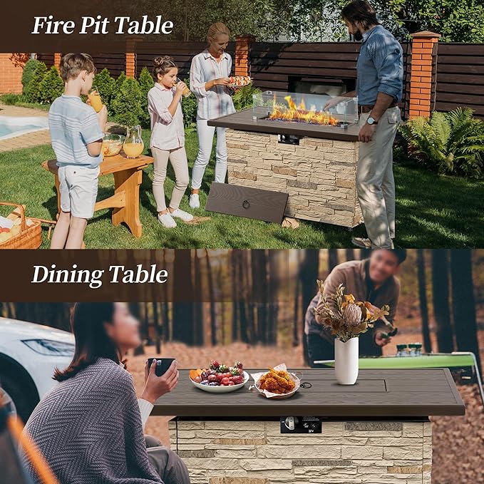 PIZZELLO 43 Inch Propane Fire Pit Table Outdoor Stone Firepit Table Rectangular 50000 BTU Gas Firepits for Outside Patio with Wind Guard Table Lid Fire Beads Cover Pizzello Caldo (Buff)