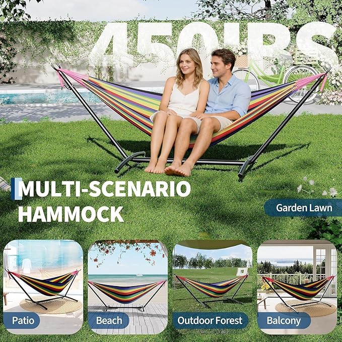 TrailBlaze Double Hammock with Stand Heavy Duty Portable Steel Hammock Set for Outdoor and Indoor Use 500lb Capacity Includes Carrying Bag Space Saving DesignQuick Assembly