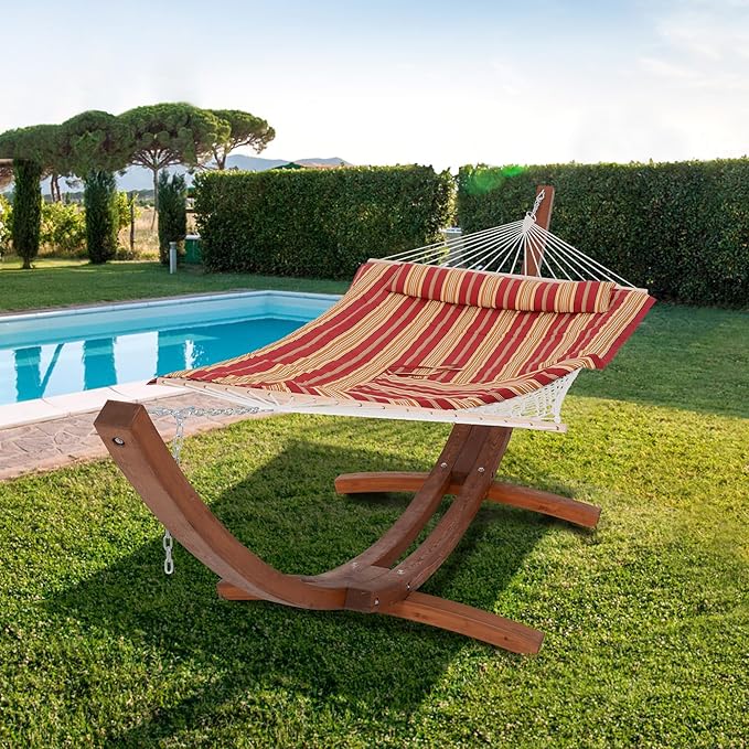 SUNCREAT Rope Hammocks for Outside with Polyester Pad and Stand Extra Large Double Hammock with Wooden Stand Red Strips