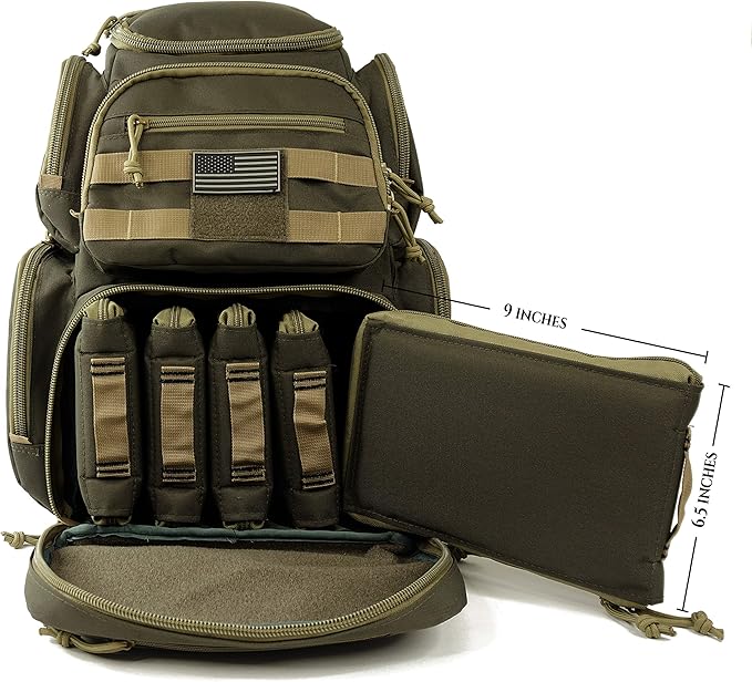 K-Cliffs Tactical Range Backpack – Lockable Bag for 5 Handguns Pouches – 900D Water‑Resistant with Rain Cover &amp USA Patch