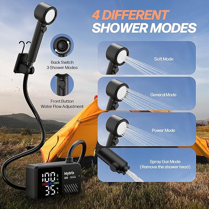 Mytrix Portable Camping Shower Pump with Foldable Bucket 10L/Min High Flow 7800mAh Rechargeable Battery 4 Spray Modes IPX8 Waterproof Outdoor Shower for Hiking Travel &amp Pets