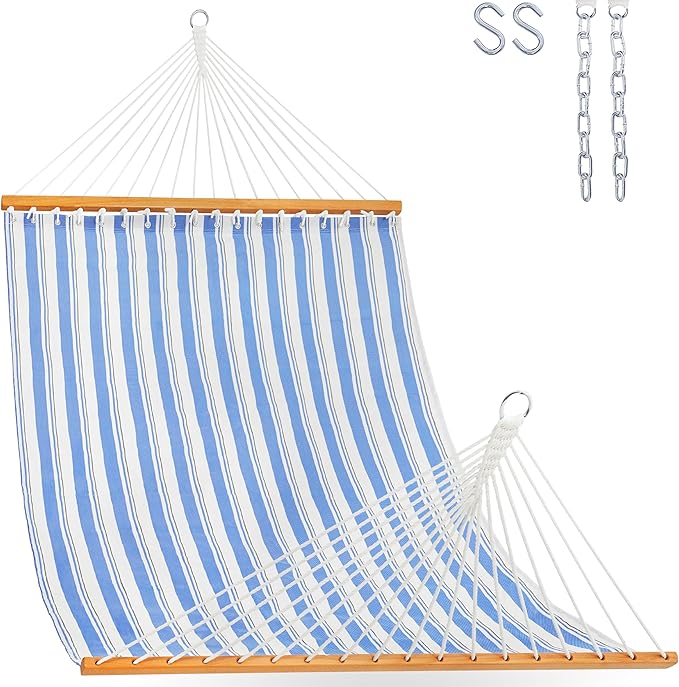 Lazy Daze Hammocks Quick Dry Hammock with Spreader Bar Textliene Fabric Double 2 Person Hammock with Chains Outdoor Patio Poolside Backyard Beach 450 lbs Capacity Blue Stripes