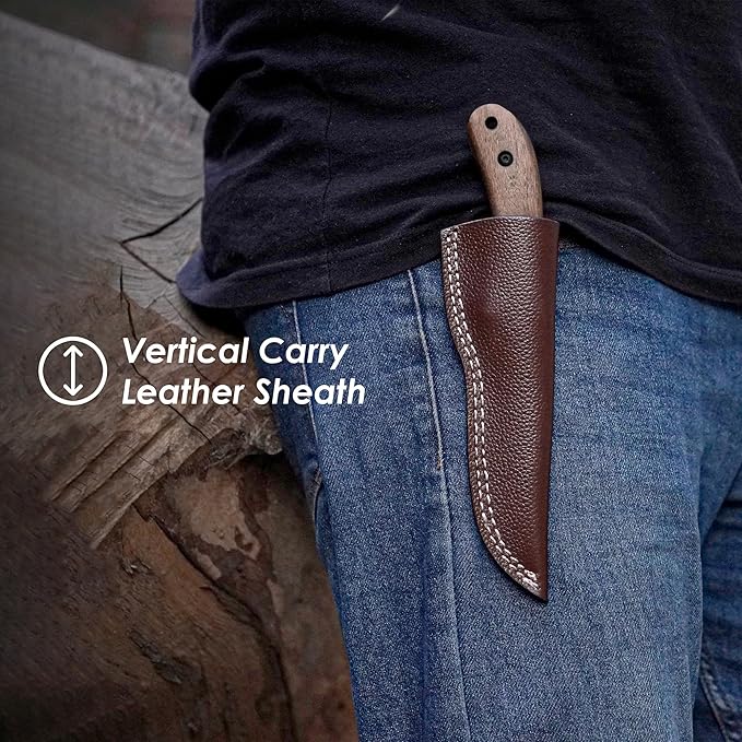 Bushcraft Knife - 9-Inch Scandi EDC Knife S30V Steel And Walnut Wood Handle Full Tang Fixed Blade with Premium Leather Sheath - For Camping Hunting Survival and Outdoor Use - Gifts For Men