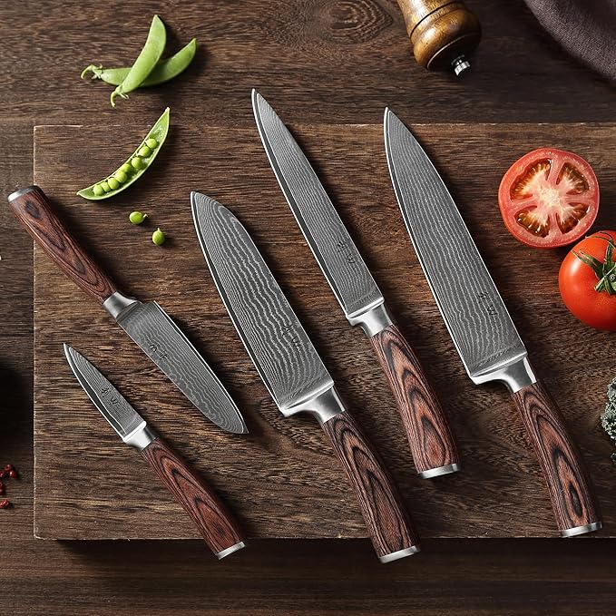 Wakoli EDIB 5-Piece Damascus Knife Set Professional Kitchen Knives made of 67-Layer Damascus Steel with VG10 Core Blades Ergonomic Pakkawood Handles In Wooden Gift Box