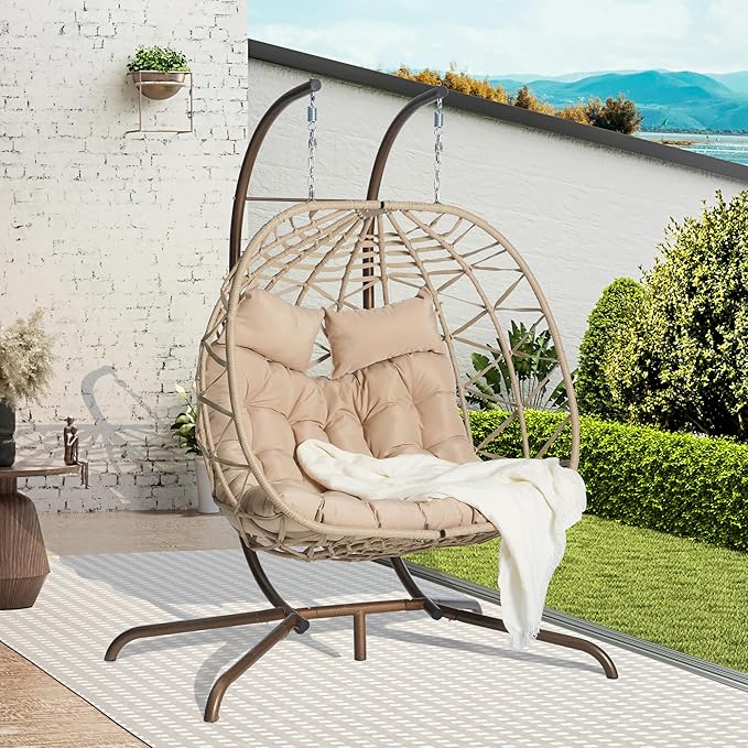 KEIKI Double Swing Egg Chair with Stand Patio Rattan Wicker Hammock Egg Chair with UV Resistant Cushion 2 Person Outdoor Indoor Hanging Basket Chair 600LBS Capacity for Balcony Garden Khaki
