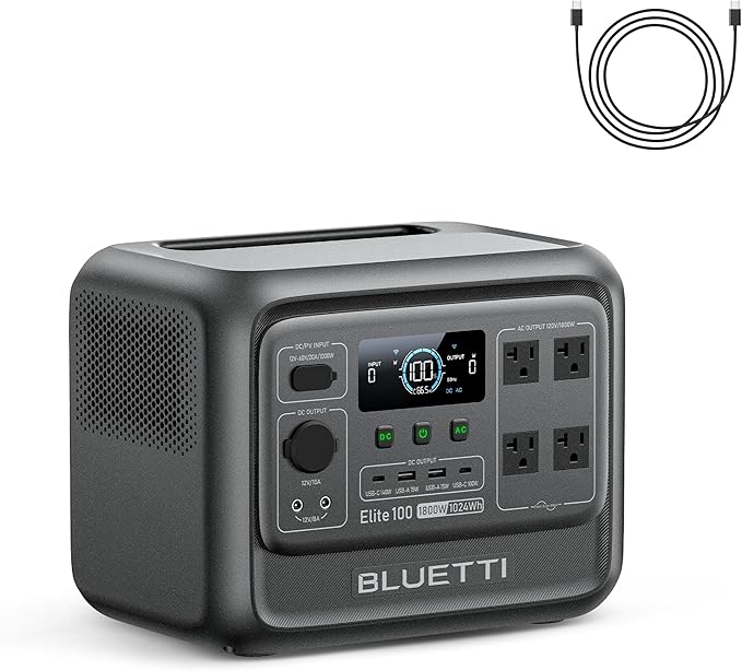 BLUETTI Elite 100 V2 Portable Power Station and USB C Cable 1024Wh LFP Battery Solar Generator w/ 4 1800W AC Outlets (3600W Surge) Backup 35% Smaller for Camping RV Outages (Solar Panel Optional)