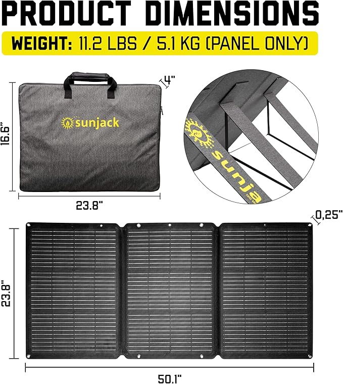SunJack 120W Foldable Portable Solar Panel Charger with Kickstands MC4/PD60 USB-C/USB-A ETFE Monocrystalline Waterproof Solar Charger for Camping RV Power Station Generator Off Grid Emergency