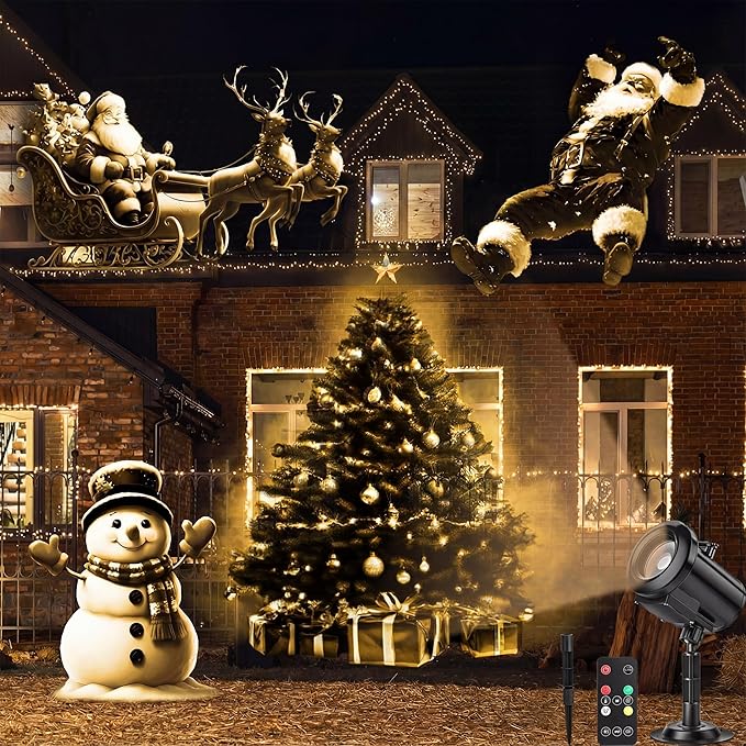 12 in 1 Christmas Projector Light Outdoor 3D Dynamic Christmas Decoration 4 Color Waterproof Projector Light with Christmas Tree Santa Joy Snowman for Home Window Holiday Decor