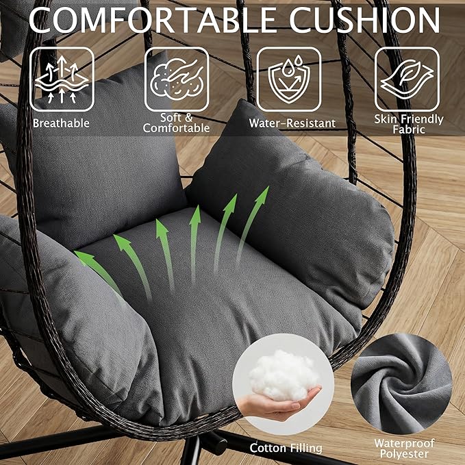 LEX CRAFT Hanging Egg Chair with Stand Swinging Egg Chair Outdoor Indoor Hanging Basket Chair with Cushion Patio Wicker Hammock Chair 350lbs Capacity for Porch Balcony Backyard Garden (Grey1)