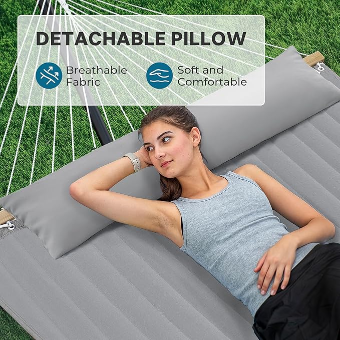 SUPERJARE Hammock with Stand 2 Person Quilted Outdoor Hammock Detachable Pillow &amp Bamboo Spreaders Portable Hammock with Carrying Bag Heavy Duty Stand Perfect for Outside Patio Gray