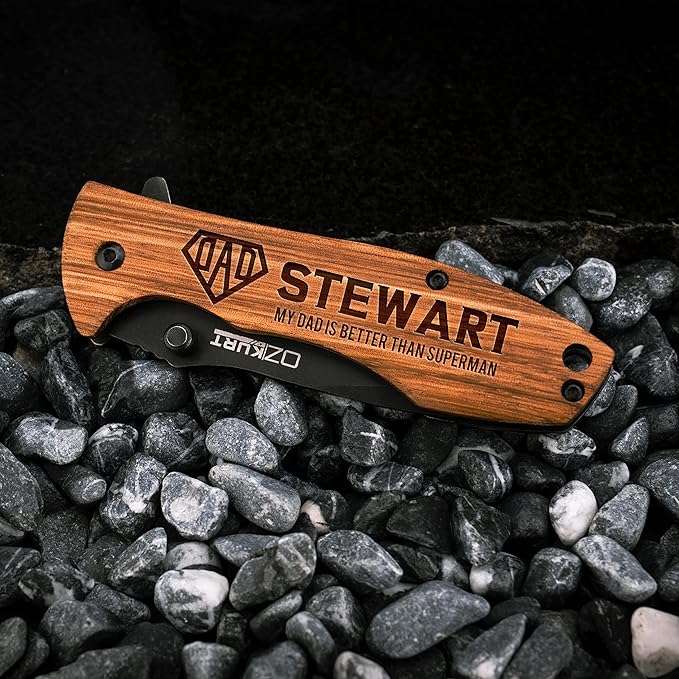 Customization Mill Gifts for Men Personalized Engraved Oak Wood Pocket Knife - 36 Icons 20 Stylish Font - Custom Pocket Knives