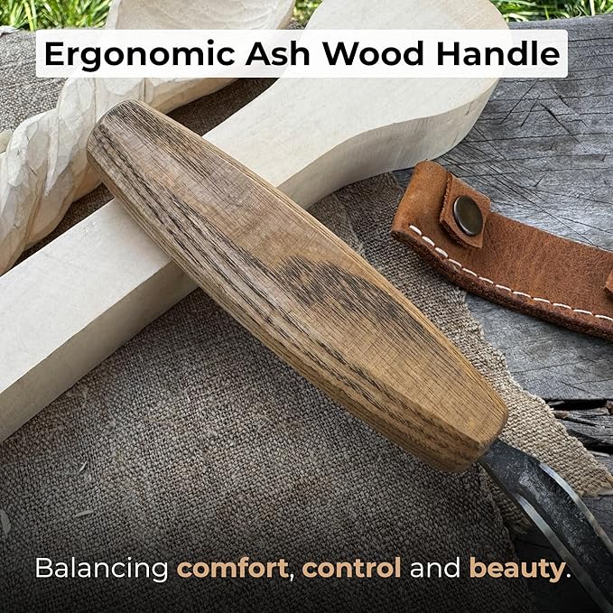 Sharky Spoon Carving Hook Knife with Long Curved Blade 2.7 in (7 cm) – Ergonomic Ash Wood Handle and Protective Leather Sheath for Precise Woodworking and Bowl Carving