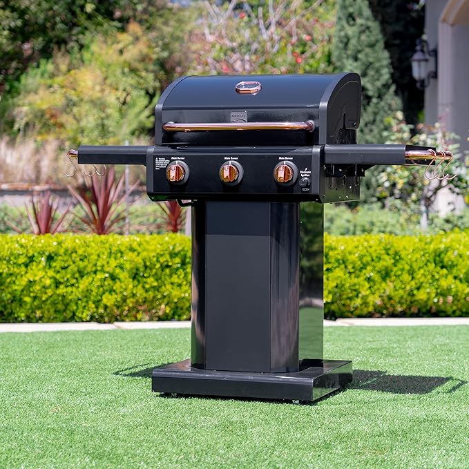 Kenmore 3-Burner Gas Grill | Foldable Side Tables Cast Iron Cooking Grates Warming Rack Hooks for BBQ Grilling Tools Propane Gas Barbecue Grill 30000 BTUs Black with Copper Accent