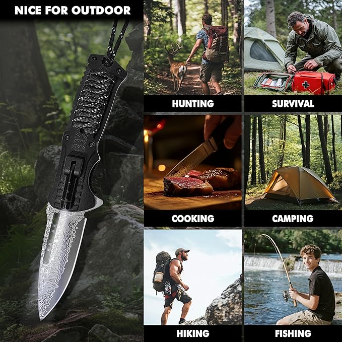 Father's Day Memorial Day &amp Birthday Gift for Him Damascus Pocket Knife Gift for Men Boyfriend Husband Father Veterans – Folding Knife with Fire Starter Whistle LED Light Serrated Blade f