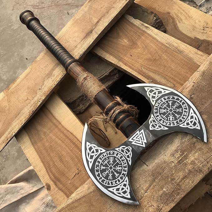 viking tools AxesFunctional Axe Bushcraft Axe Hatchet for Hunting Bearded Axe Double Head Axe Tool with Free Leather Sheath dd007 Black/Sliver (Viking Double Bit Axe)