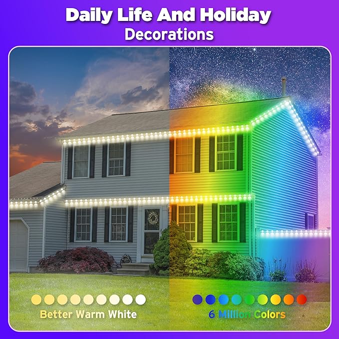permanent outdoor lights 200FT Smart RGB Outdoor Lights - IP67 Waterproof LED Strip Lights with App/Remote Control for Holiday Decor Garden Patio &amp Home Accent Lighting (Permanent Installation)