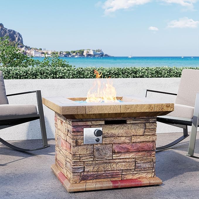32 Outdoor Propane Fire Pit Square Stonecrest Gas Firepit for Outside Patio Concrete Propane Fire Table 50000 BTU Gas Fire Pits with Lava Rocks CSA Certified Blue Fire Glass