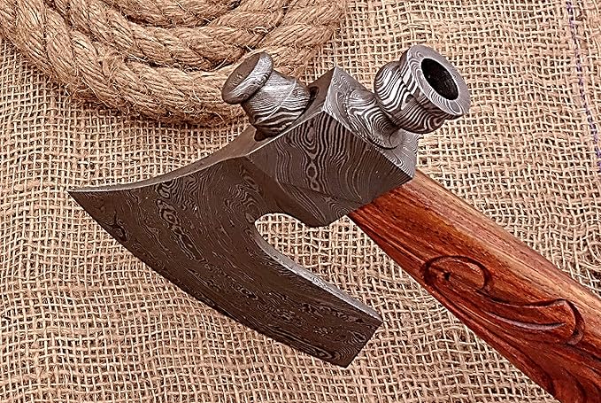 HUNTEX Unique Custom Hand-Forged Twist Pattern Damascus Steel 21 Inch Long Walnut Wood Handle Full Tang Razor Sharp Hunting Camping Outdoor Smoke Pipe Viking Axe with Genuine Leather Sheath