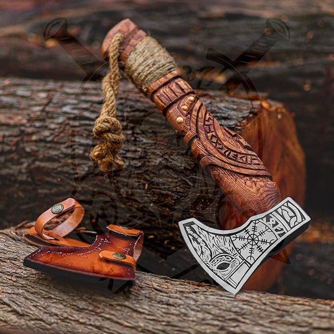 Hand Forged Viking Bearded Axe with Leather Sheath – Carbon Steel Blade Rosewood Handle – 13 Inch Nordic Axe Handmade Collectible for Him