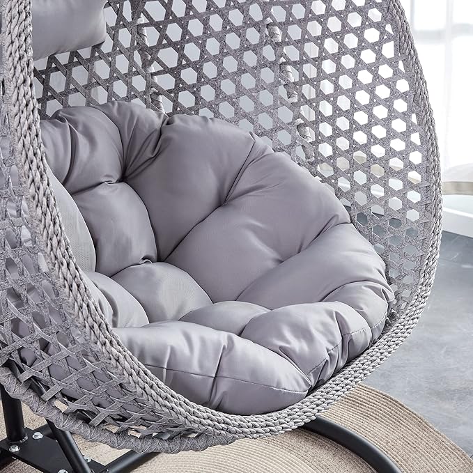 Hanging Egg Swing Chair with Stand Rattan Wicker Hanging Egg Chair Hammock Indoor with Cushions Swinging Chair for Bedroom Outdoor Patio Balcony Backyard Sunroom Heavy Duty 350LBS (Gray)