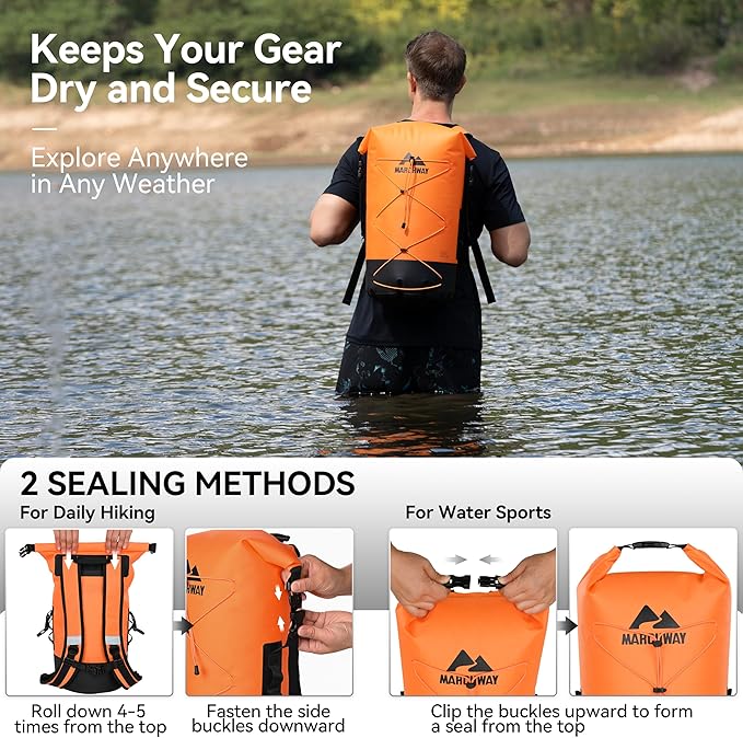 MARCHWAY Floating Roll Top Dry Bag Flexible Lightweight TPU Waterproof Backpack 20L/30L/40L with Padded Straps for Boating Kayaking Swimming Hiking Beach (Orange 40L)