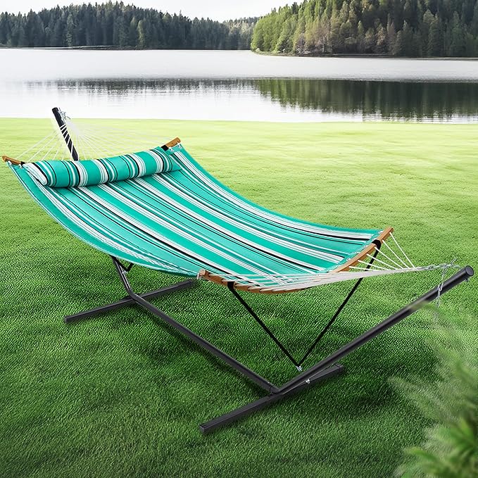 SUPERJARE Hammock with Stand 2 Person Heavy Duty Hammock with Padded Cotton Detachable Pillow &amp Strong Curved-Bar &amp Portable Carrying Bag Perfect for Outdoor &amp Indoor Mint Green with S