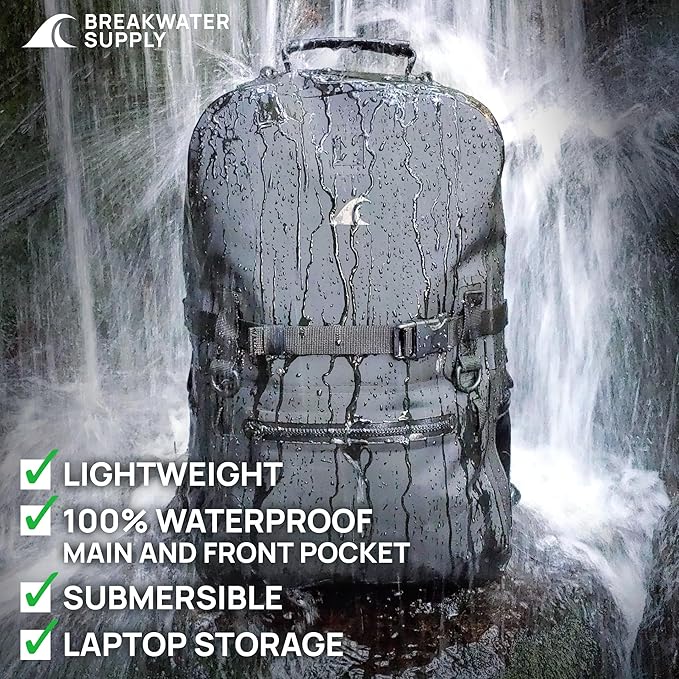 Breakwater Supply™ Fogland Waterproof IP68 Submersible Backpack | Laptop Sleeve &amp Airtight Zippers for Outdoors Travel Boating Kayaking Surfing Floating Dry Bag Unisex TPU (Stealth Black 2